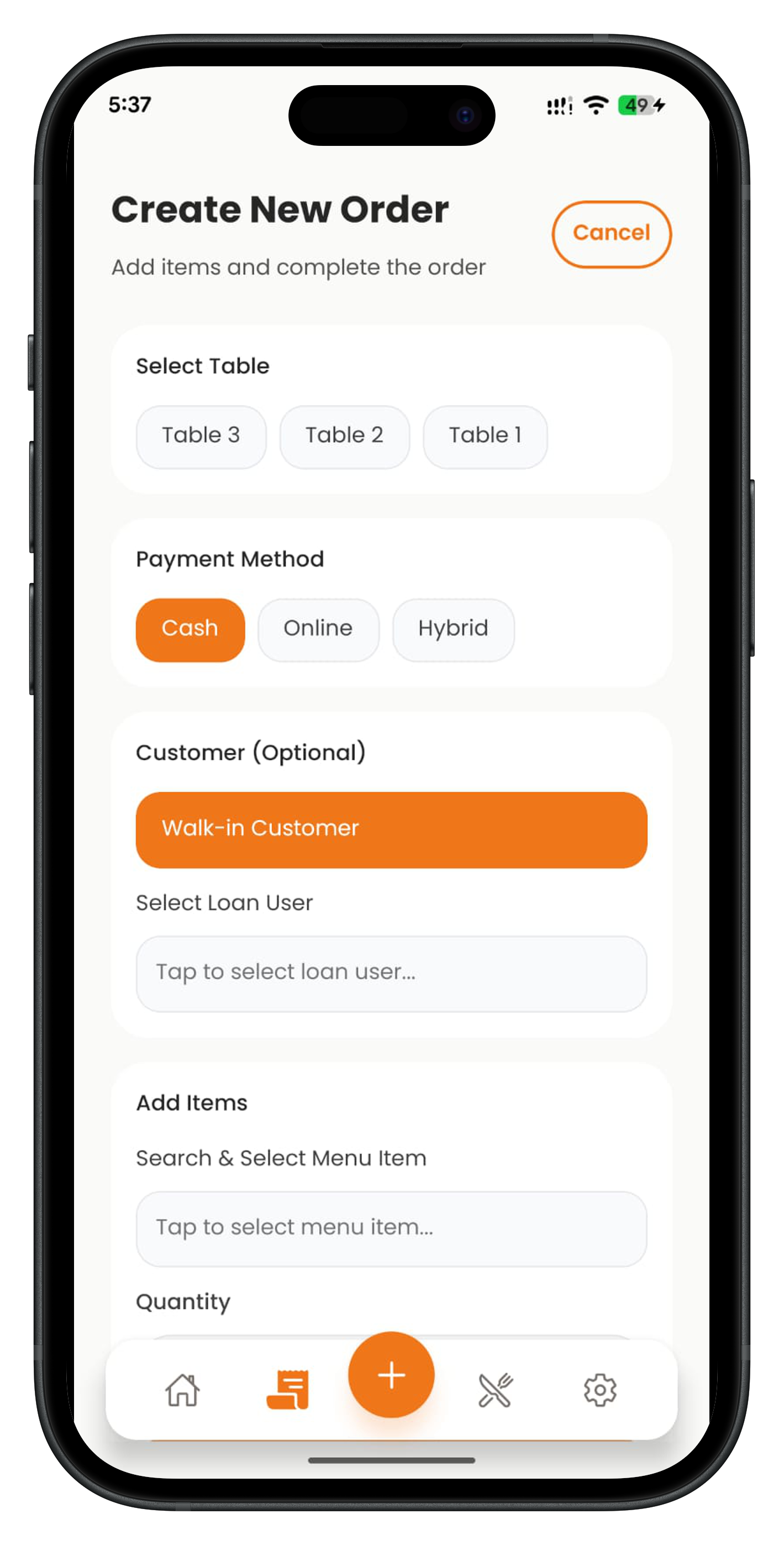 Order Creation Screen