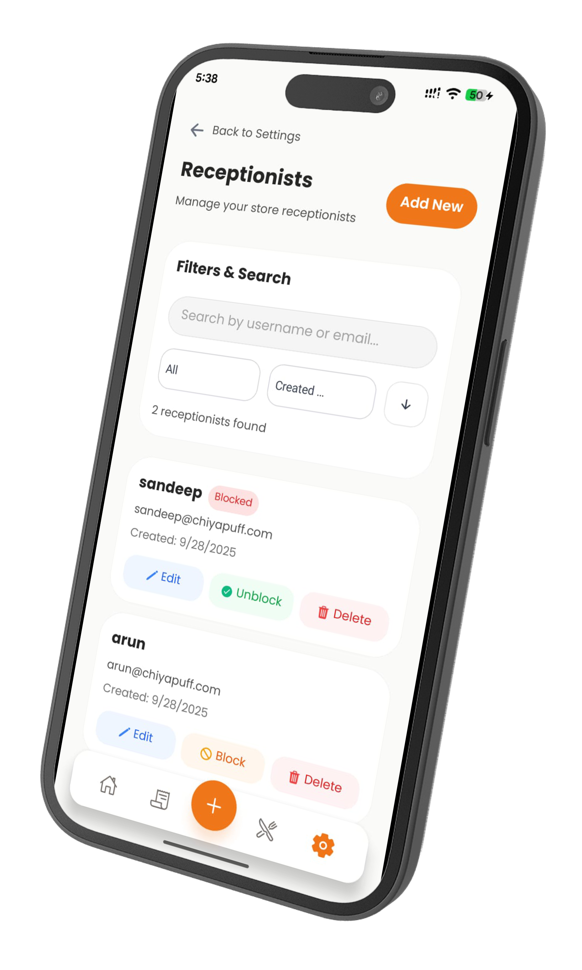 Receptionist Management Screen
